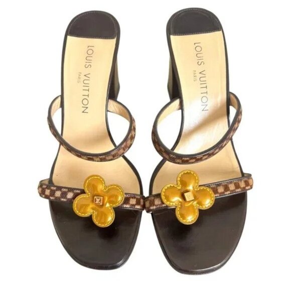 90'S Y2K VINTAGE LOUIS VUITTON STRAPPY FLOWER CHECKER FUR SLIDES HEELS SZ. 7 - Picture 3 of 6